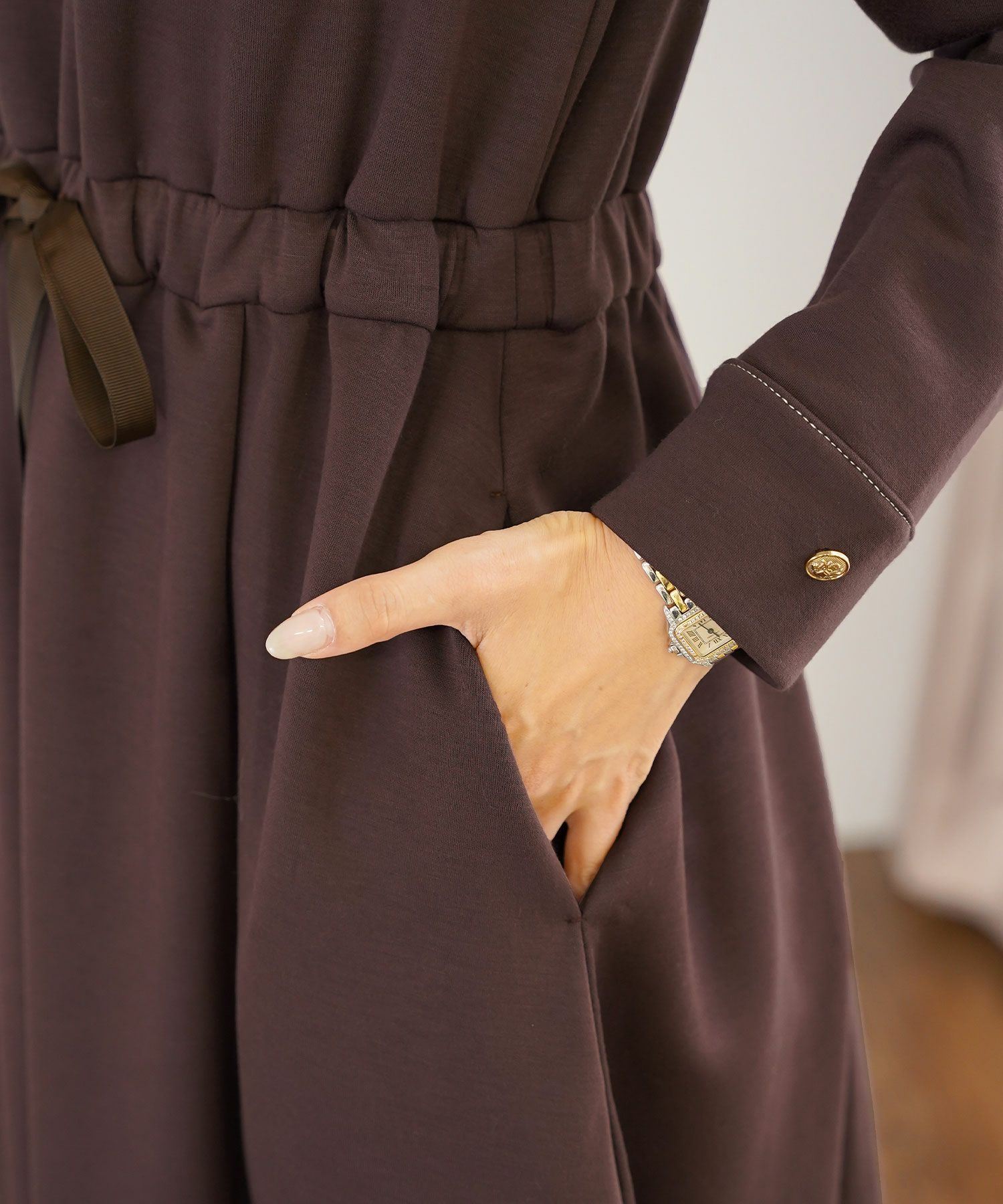 ワンピース 上品 ダンボールニット カットソー きれいめ クルーネック リボン ジョイントスペース