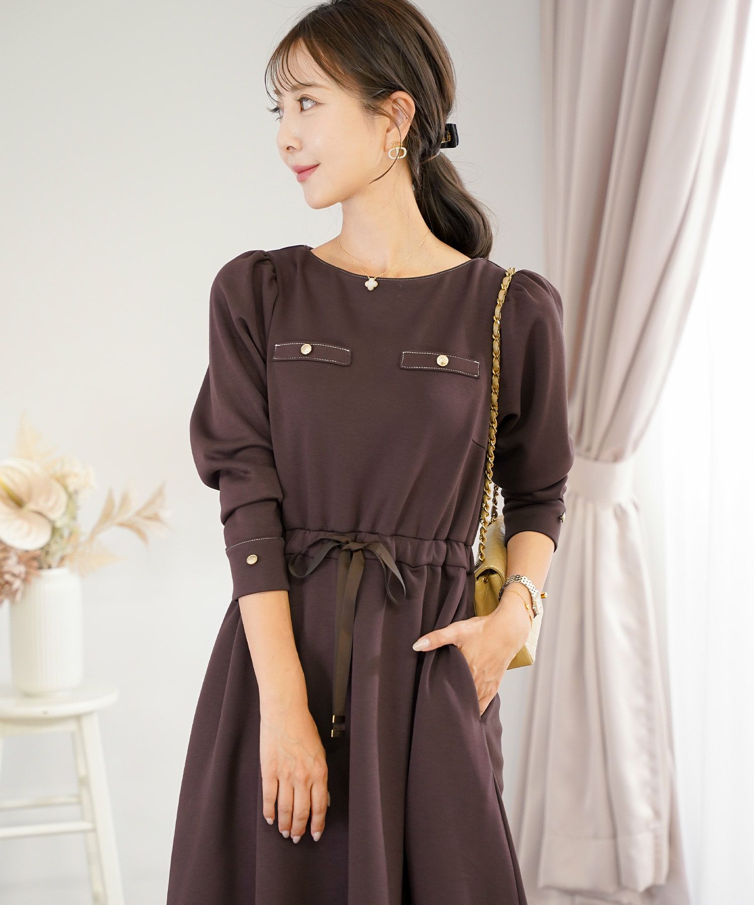 ワンピース 上品 ダンボールニット カットソー きれいめ クルーネック リボン ジョイントスペース