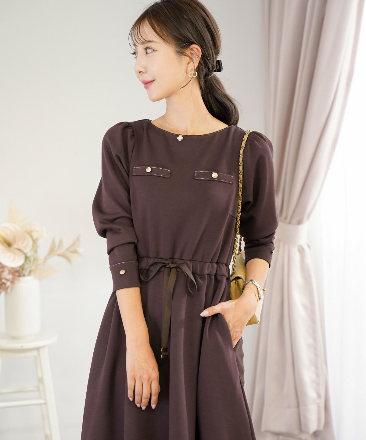 ワンピース 上品 ダンボールニット カットソー きれいめ クルーネック リボン ジョイントスペース