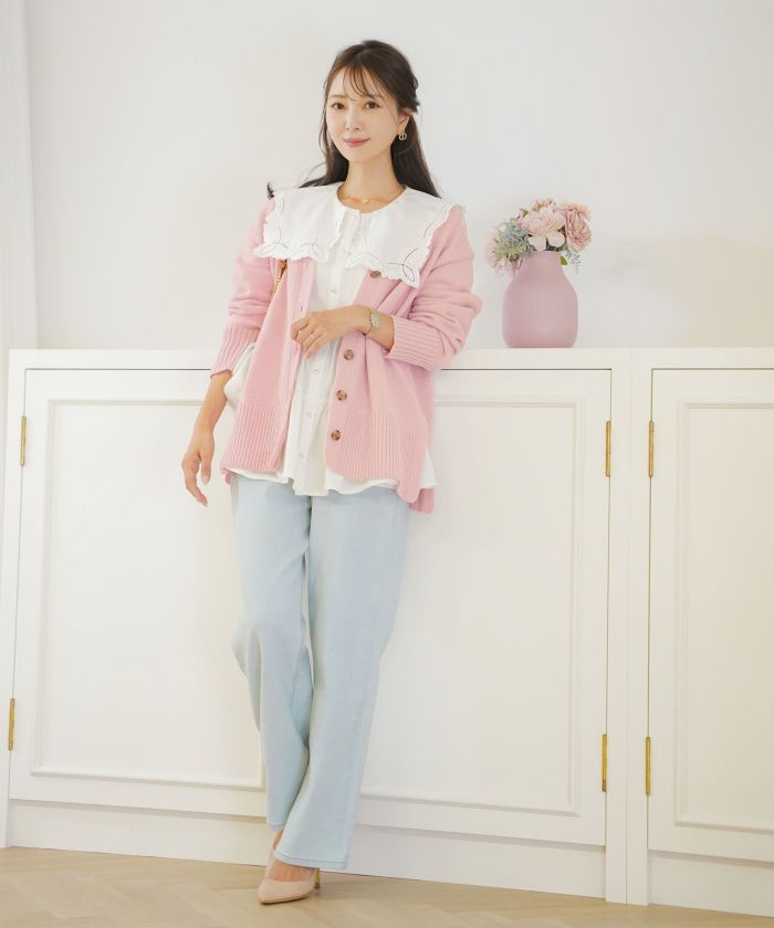 カーディガン ゆったり 刺繍 ハート ロゴ ピンク ミント ブラウン アイボリー スリット 大きめ ミドルゲージ 可愛い フェミニン 上品 カジュアル エレガント