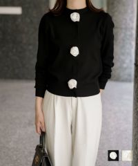 バラ モチーフ ニット カーディガン サテン カシミヤタッチ オフィス 冷房対策 きれいめ ミックス/アイボリー/M