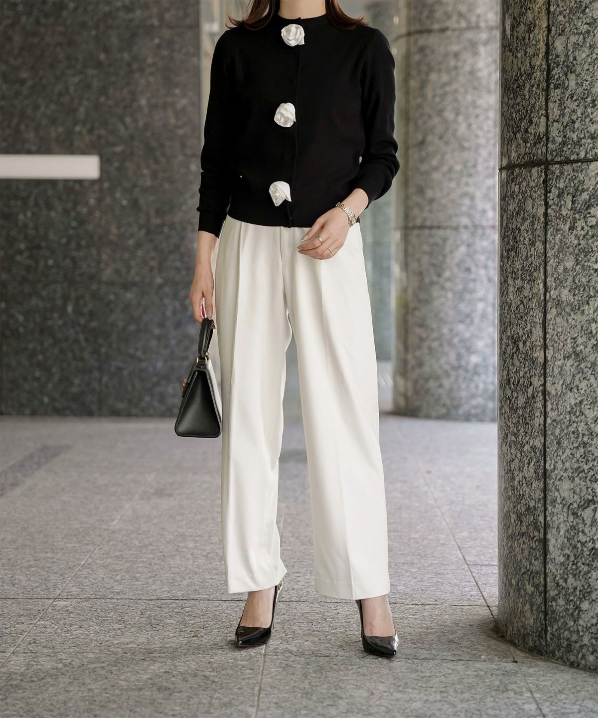 バラ モチーフ ニット カーディガン サテン カシミヤタッチ オフィス 冷房対策 きれいめ ミックス/アイボリー/M