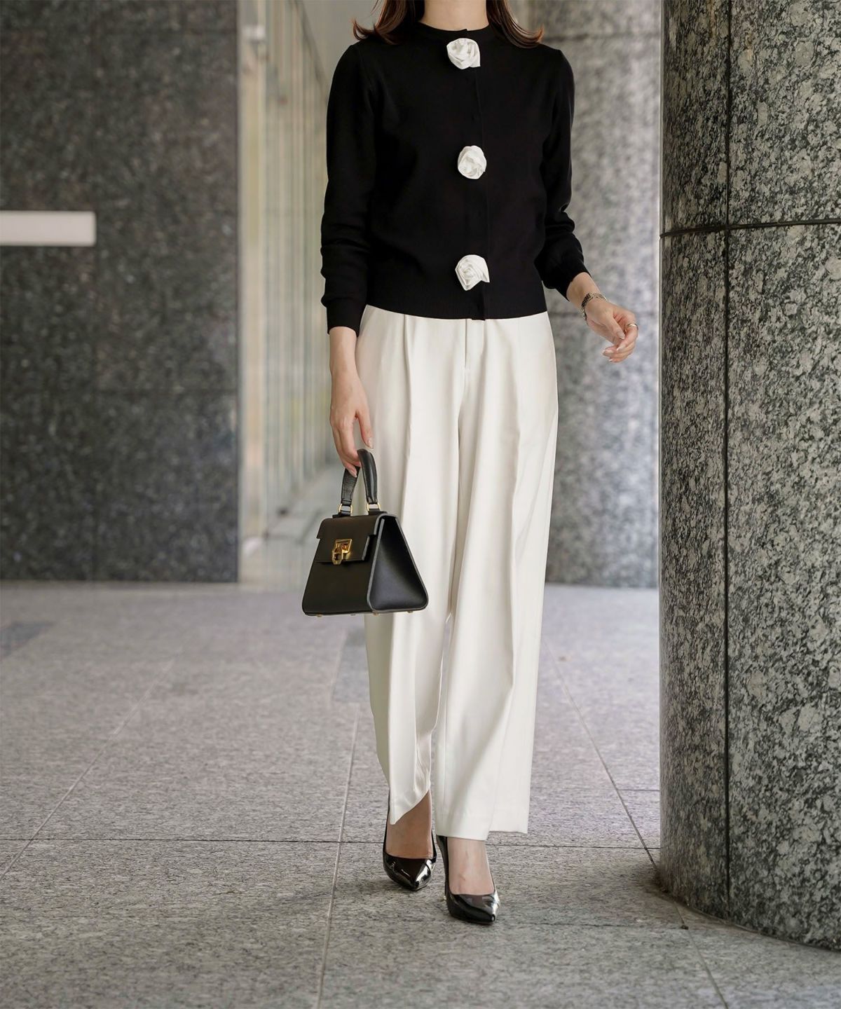 バラ モチーフ ニット カーディガン サテン カシミヤタッチ オフィス 冷房対策 きれいめ ミックス/アイボリー/M