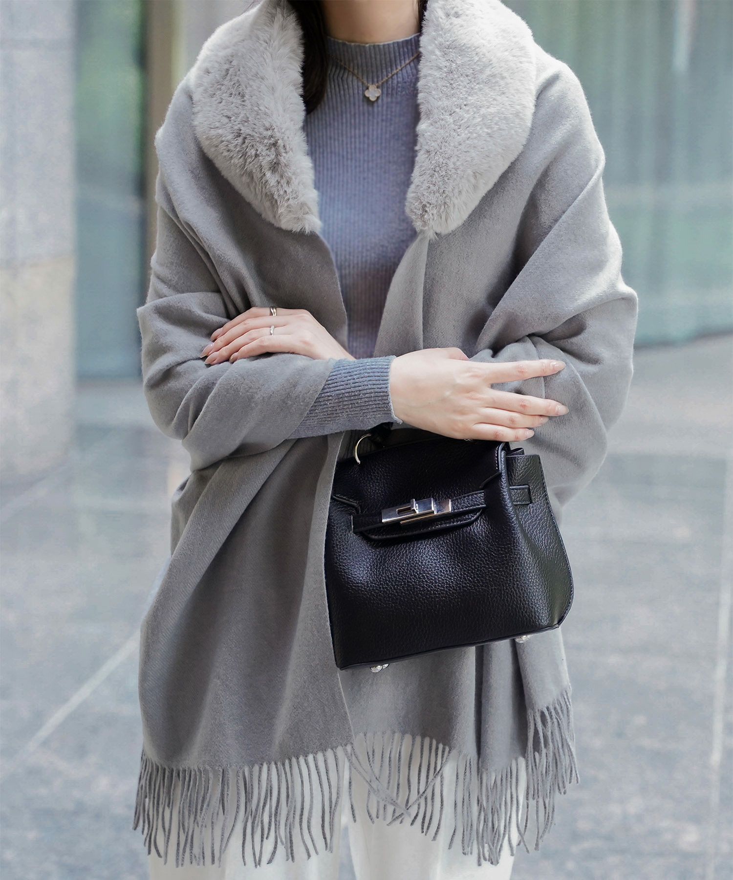 ファー 襟付き ショール 2way ストール マフラー エコファー フェイクファー 秋 冬 ライトグレー キャメル ブラック