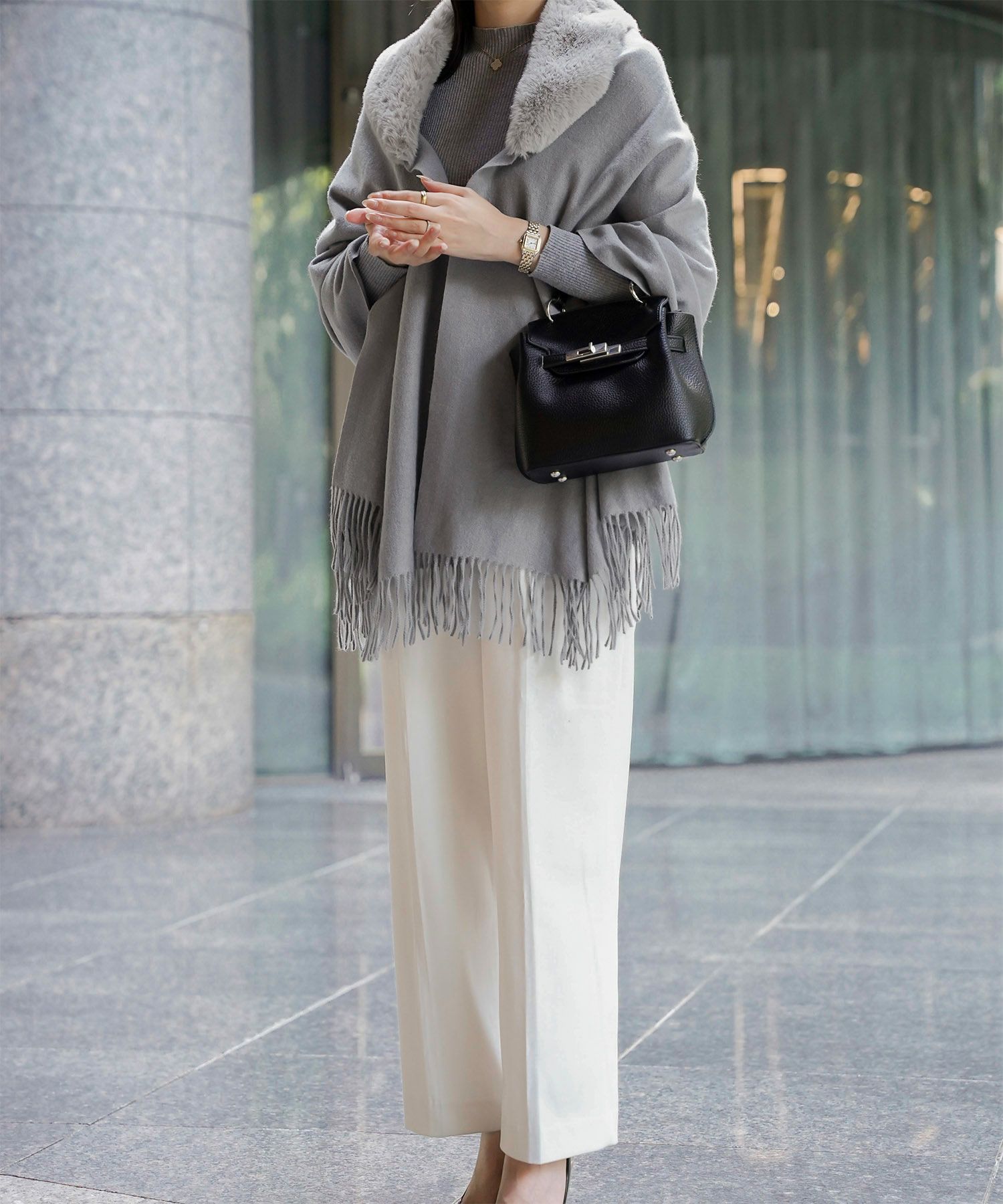 ファー 襟付き ショール 2way ストール マフラー エコファー フェイクファー 秋 冬 ライトグレー キャメル ブラック