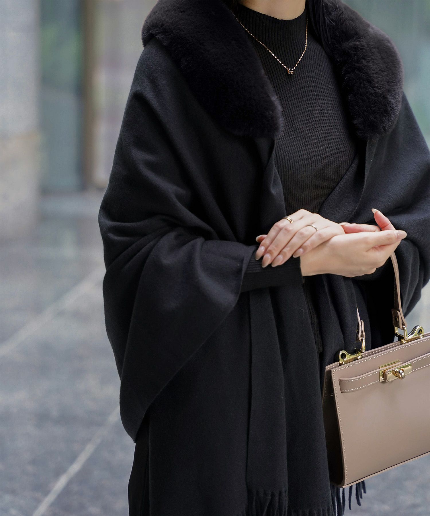 ファー 襟付き ショール 2way ストール マフラー エコファー フェイクファー 秋 冬 ライトグレー キャメル ブラック