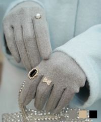 ビジュー リング グローブ レディース グローブ 手袋 シンプル ジュエリー 裏起毛 防寒 秋 冬 ベージュ/ブラック