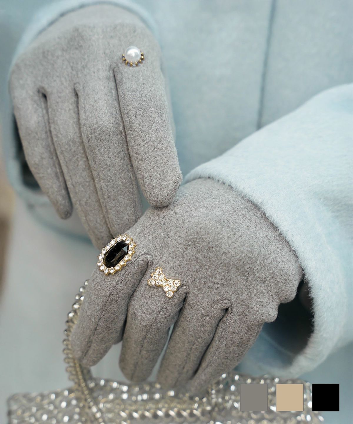 ビジュー リング グローブ レディース グローブ 手袋 シンプル ジュエリー 裏起毛 防寒 秋 冬 ベージュ/ブラック