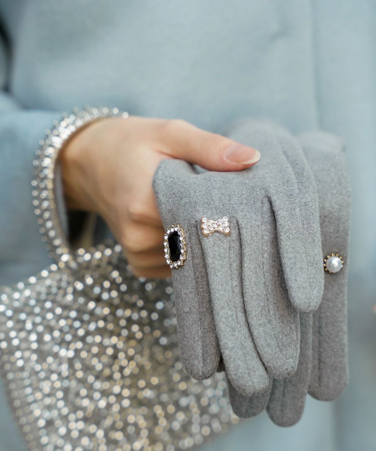 ビジュー リング グローブ レディース グローブ 手袋 シンプル ジュエリー 裏起毛 防寒 秋 冬 ベージュ/ブラック