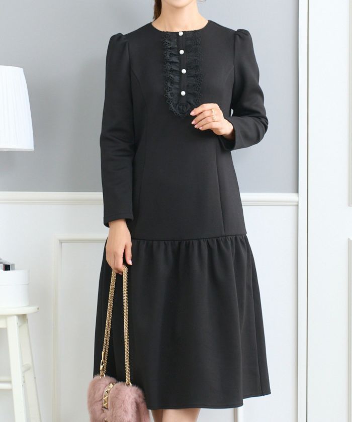 Xmas-SALE あったか裏起毛 フリルレース パール付き ワンピース Prima