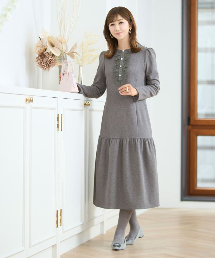 あったか裏起毛 フリルレース パール付き ワンピース Prima Scherrer