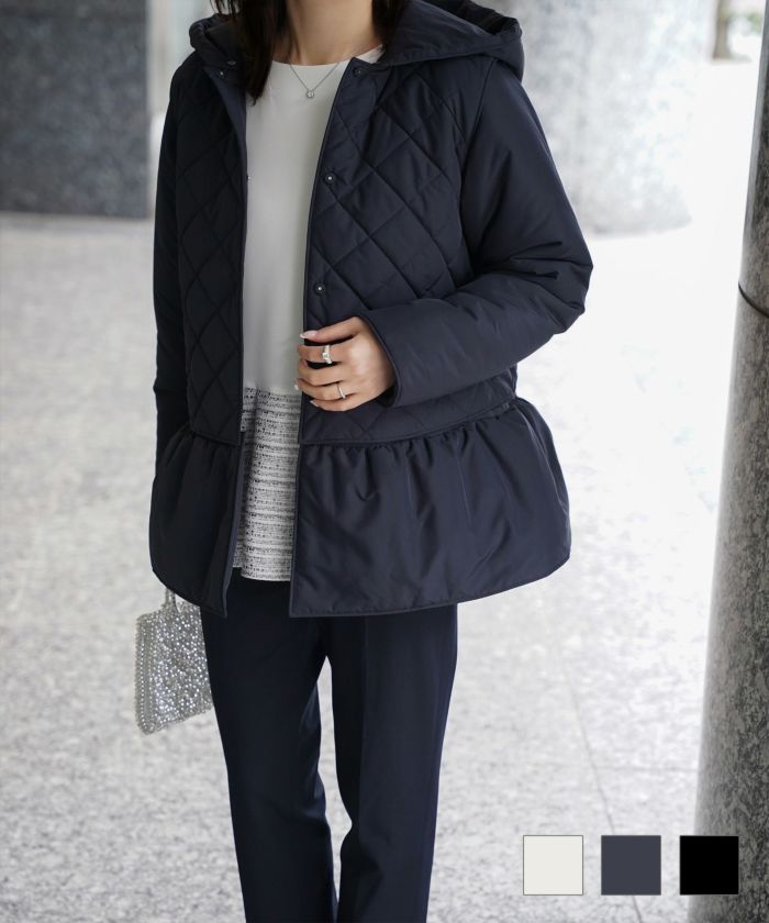 マルチway キルティング ジャケット HUIT 上品 中綿 ペプラム ベスト ジレ ノーカラージャケット  インナーダウン アイボリー/ネイビー/ブラック