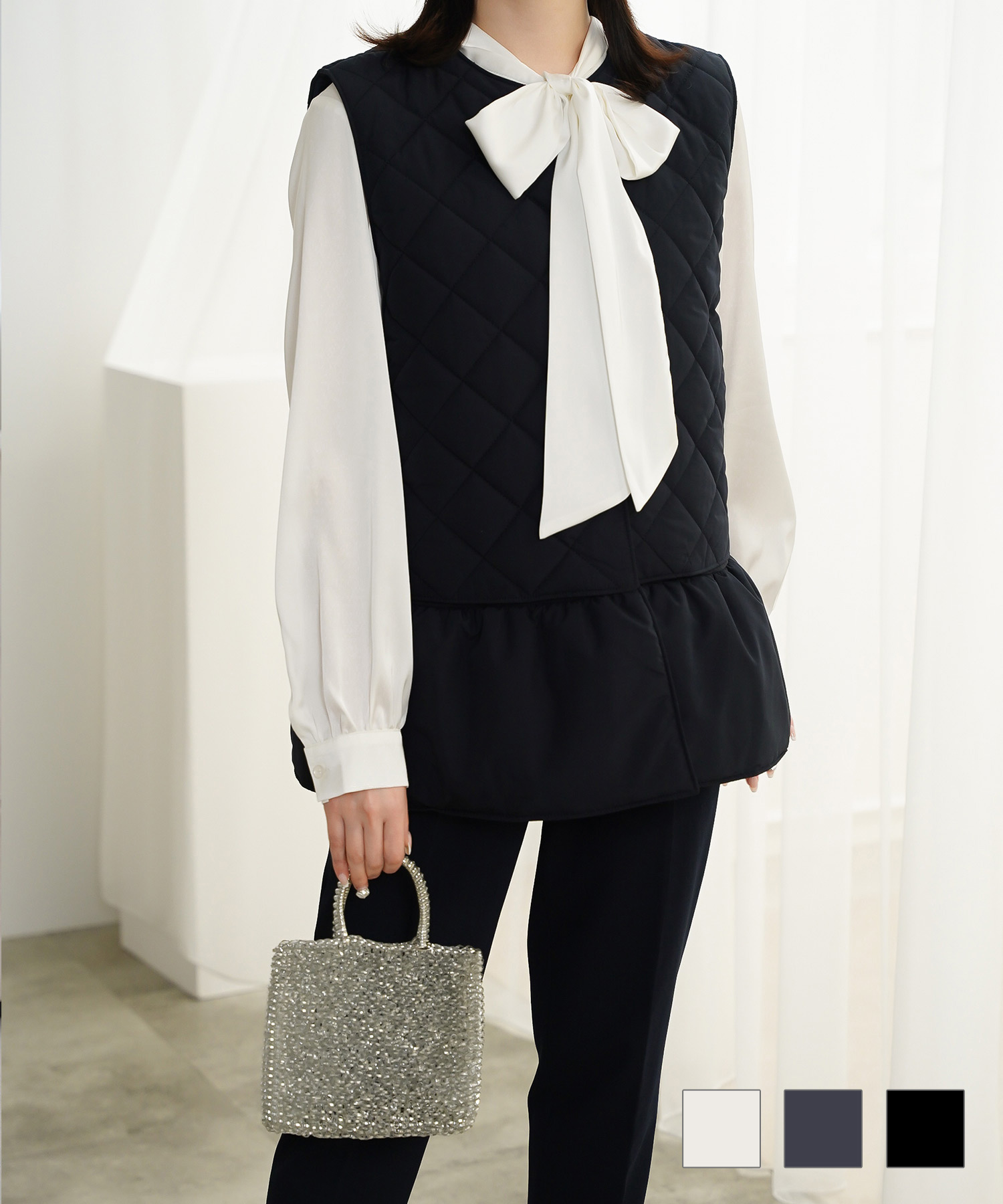 マルチway キルティング ジャケット HUIT 上品 中綿 ペプラム ベスト ジレ ノーカラージャケット  インナーダウン アイボリー/ネイビー/ブラック