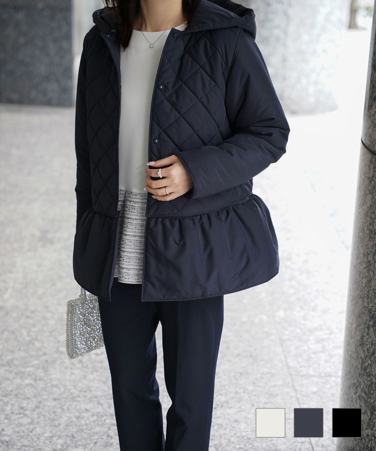 マルチway キルティング ジャケット HUIT 上品 中綿 ペプラム ベスト ジレ ノーカラージャケット  インナーダウン アイボリー/ネイビー/ブラック