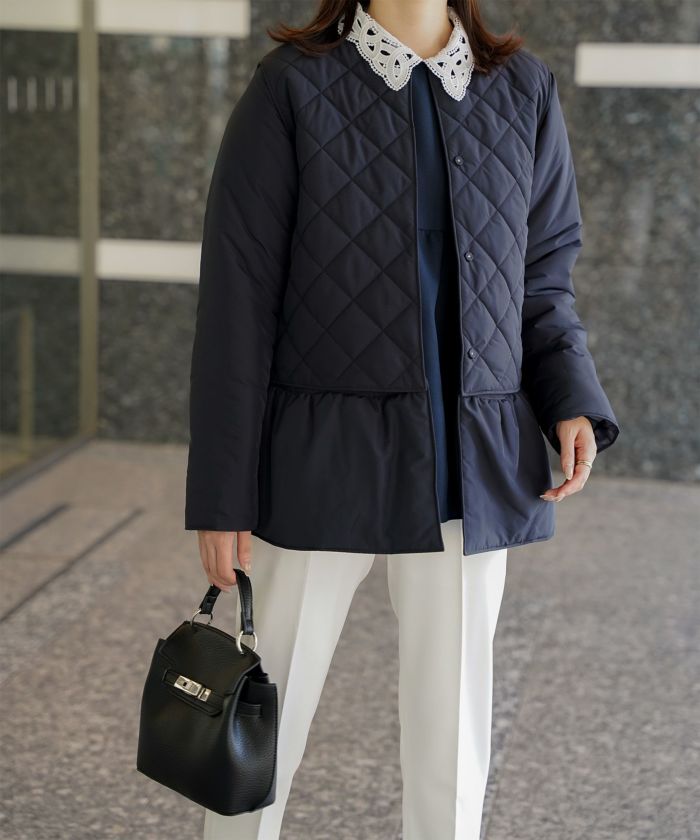 マルチway キルティング ジャケット HUIT 上品 中綿 ペプラム ベスト ジレ ノーカラージャケット  インナーダウン アイボリー/ネイビー/ブラック