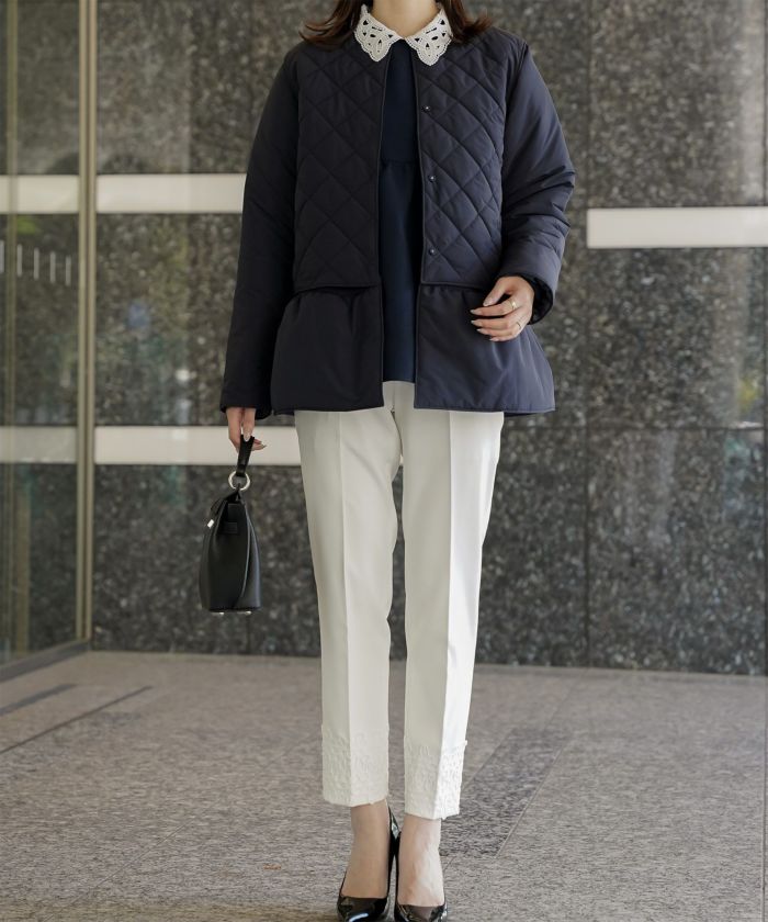 マルチway キルティング ジャケット HUIT 上品 中綿 ペプラム ベスト ジレ ノーカラージャケット  インナーダウン アイボリー/ネイビー/ブラック