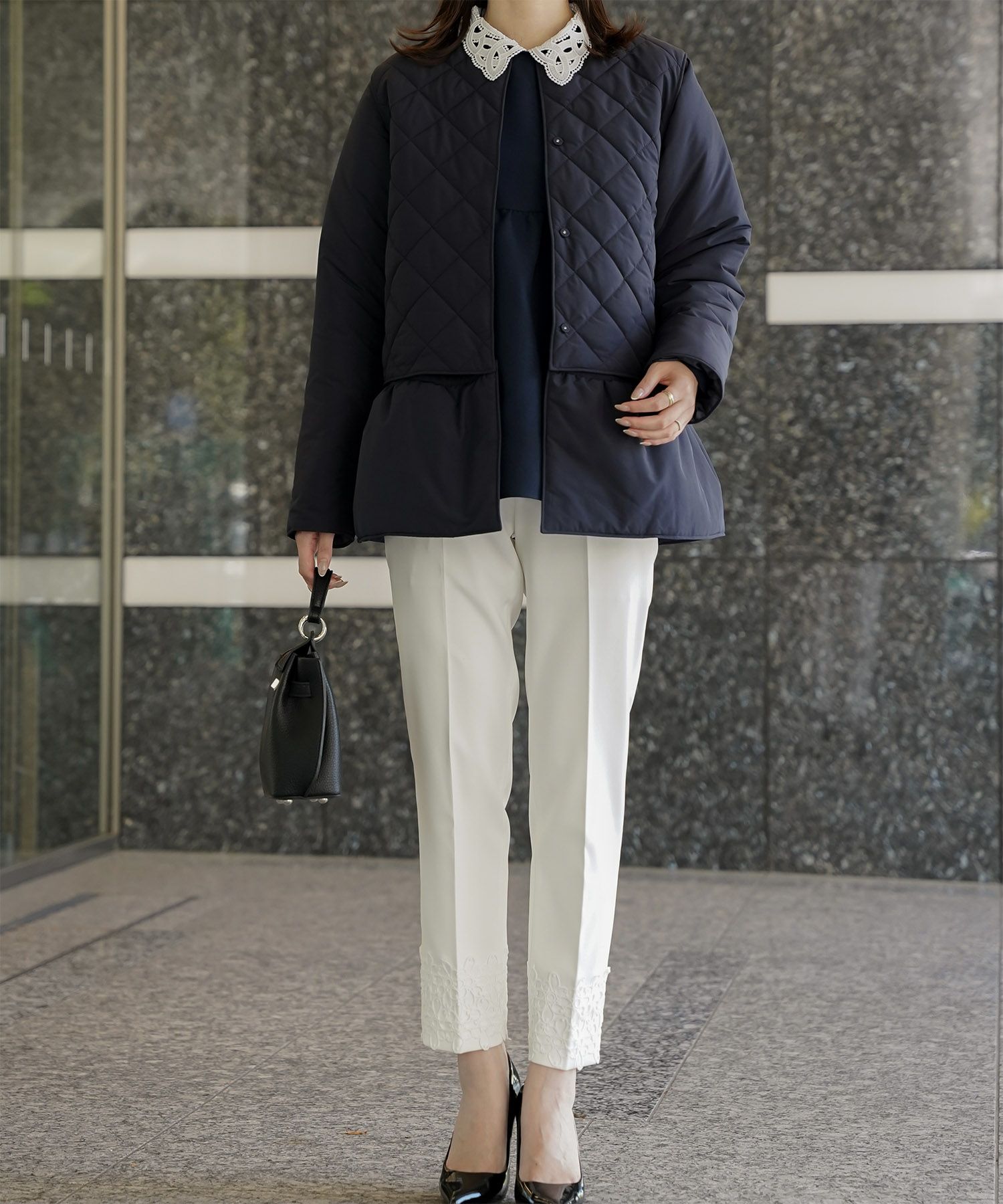 マルチway キルティング ジャケット HUIT 上品 中綿 ペプラム ベスト ジレ ノーカラージャケット  インナーダウン アイボリー/ネイビー/ブラック