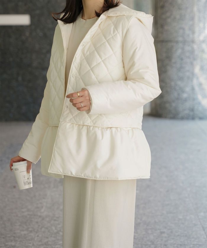 マルチway キルティング ジャケット HUIT 上品 中綿 ペプラム ベスト ジレ ノーカラージャケット  インナーダウン アイボリー/ネイビー/ブラック