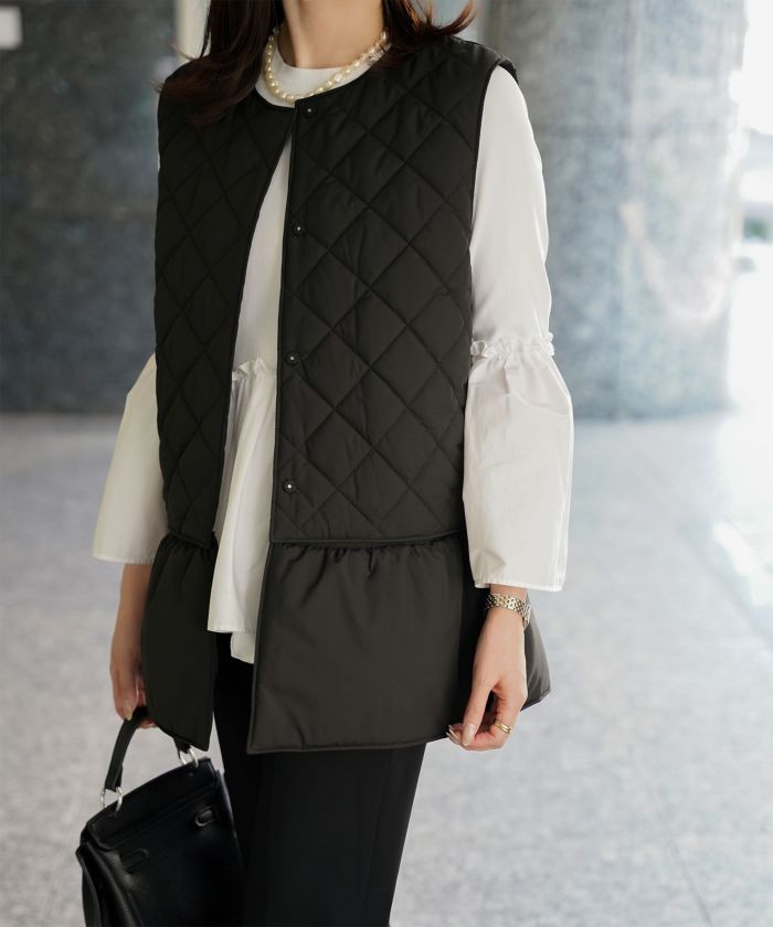 マルチway キルティング ジャケット HUIT 上品 中綿 ペプラム ベスト ジレ ノーカラージャケット  インナーダウン アイボリー/ネイビー/ブラック