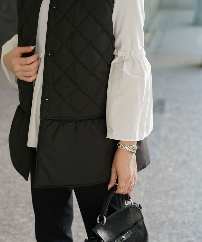 マルチway キルティング ジャケット HUIT 上品 中綿 ペプラム ベスト ジレ ノーカラージャケット  インナーダウン アイボリー/ネイビー/ブラック