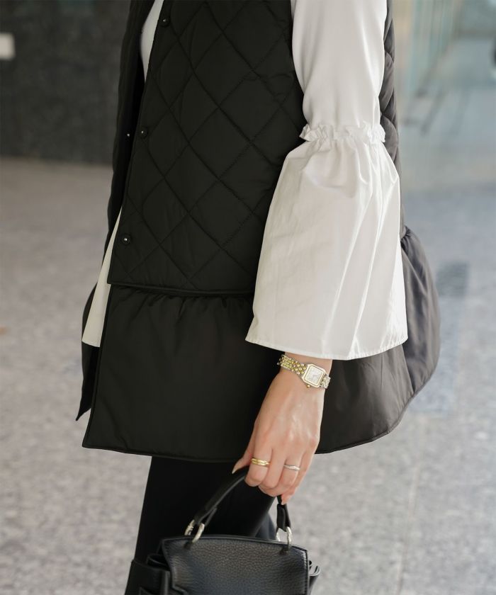 マルチway キルティング ジャケット HUIT 上品 中綿 ペプラム ベスト ジレ ノーカラージャケット  インナーダウン アイボリー/ネイビー/ブラック