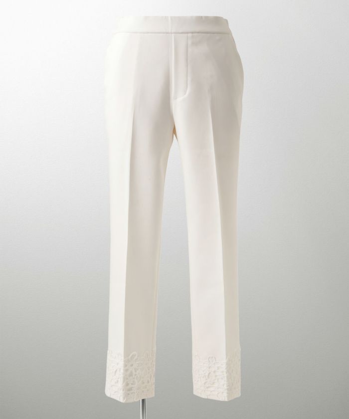 レースヘム センタープレス パンツ スティックパンツ テーパードパンツ レース 上品 オフィス 学校行事 きれいめ 洗える ホワイト/ブラック/XS/S/M