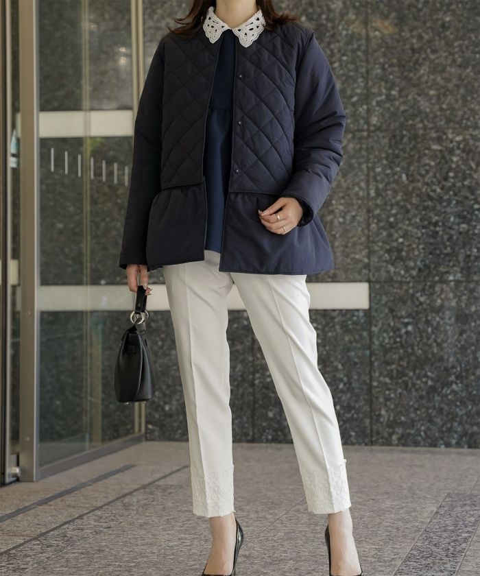 レースヘム センタープレス パンツ スティックパンツ テーパードパンツ レース 上品 オフィス 学校行事 きれいめ 洗える ホワイト/ブラック/XS/S/M