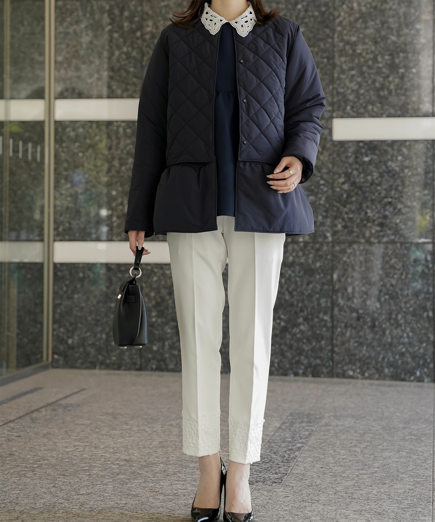 レースヘム センタープレス パンツ スティックパンツ テーパードパンツ レース 上品 オフィス 学校行事 きれいめ 洗える ホワイト/ブラック/XS/S/M