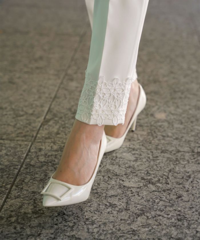 レースヘム センタープレス パンツ スティックパンツ テーパードパンツ レース 上品 オフィス 学校行事 きれいめ 洗える ホワイト/ブラック/XS/S/M