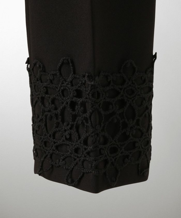 レースヘム センタープレス パンツ スティックパンツ テーパードパンツ レース 上品 オフィス 学校行事 きれいめ 洗える ホワイト/ブラック/XS/S/M