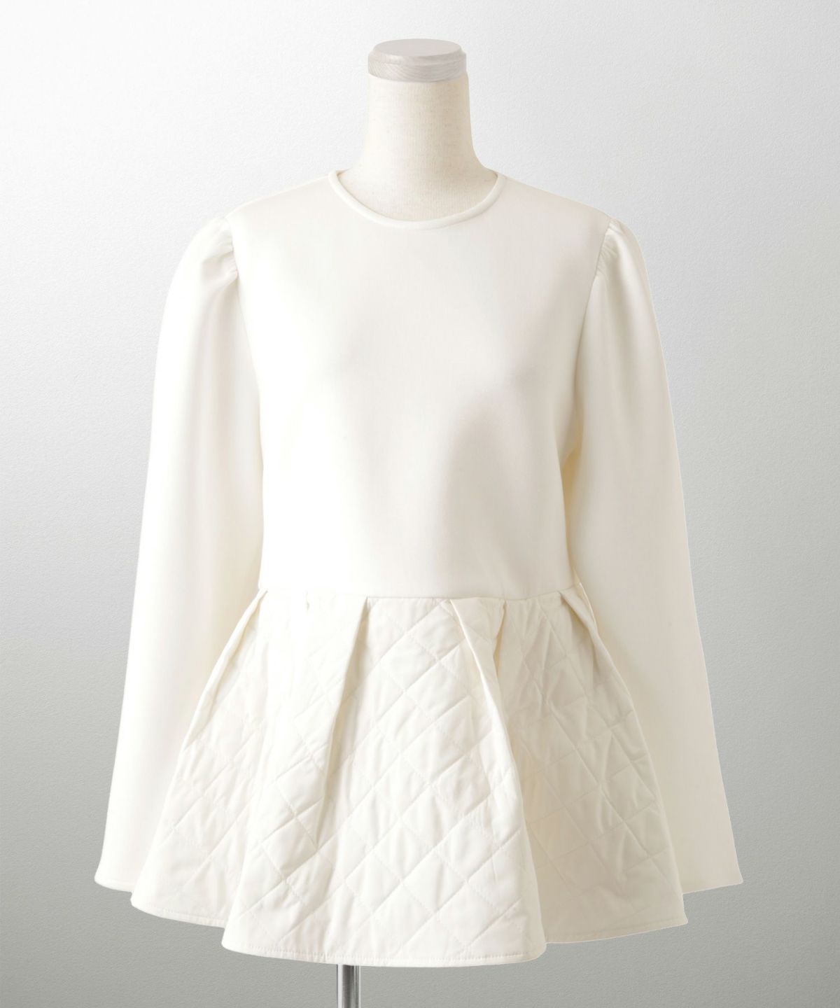 キルティング ペプラム トップス キルティング ボンディング 異素材 きれいめ 長袖 オフィス 学校行事 ホワイト/ブラック/M