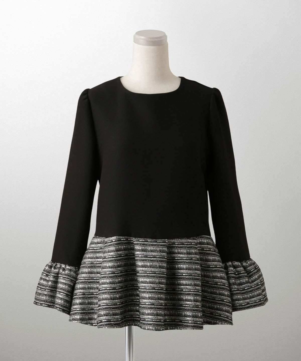 ツイード 切り替え ペプラム トップス 異素材 フレアスリーブ ベルスリーブ 長袖 オフィス 学校行事 オケージョン きれいめ 洗える ホワイト/ネイビー/ブラック/M