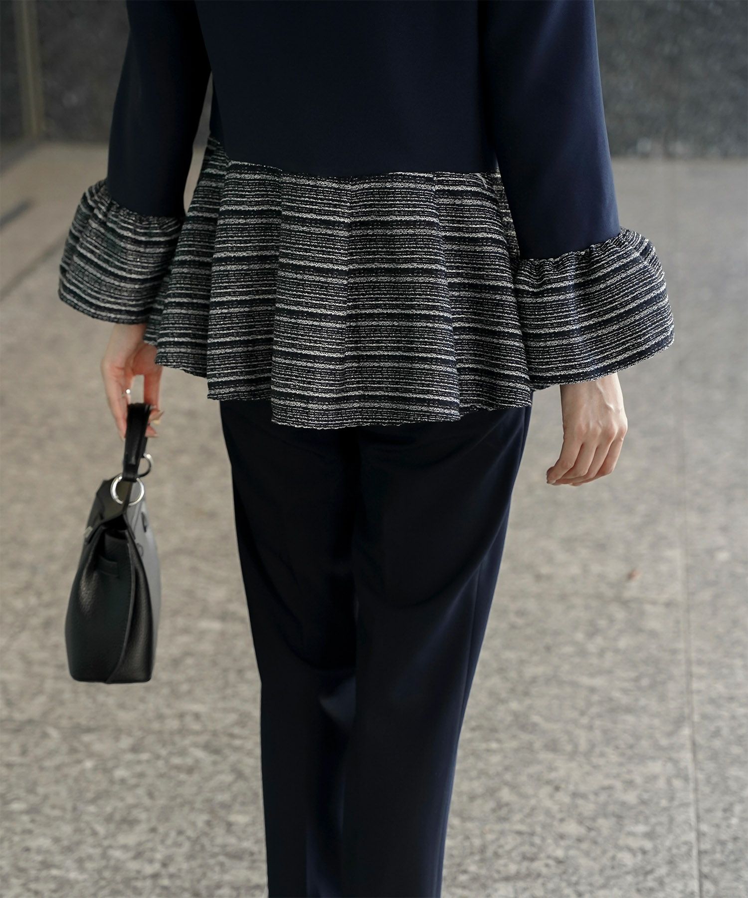 ツイード 切り替え ペプラム トップス 異素材 フレアスリーブ ベルスリーブ 長袖 オフィス 学校行事 オケージョン きれいめ 洗える ホワイト/ネイビー/ブラック/M
