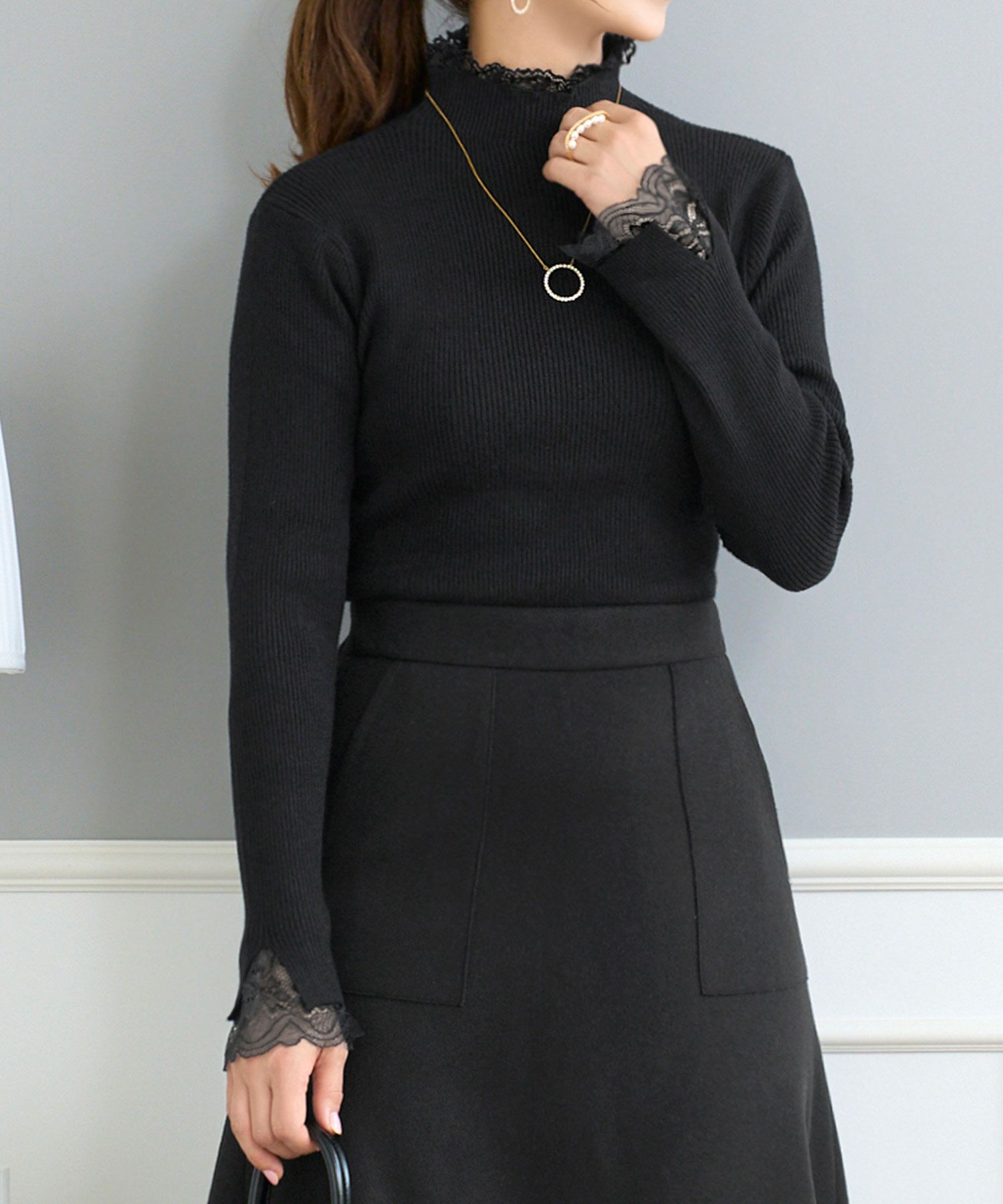 ニット プルオーバー トップス レディース ファッション かわいい きれいめ 大人 オフィス 黒 レース 長袖 秋冬春 ジョイントスペース