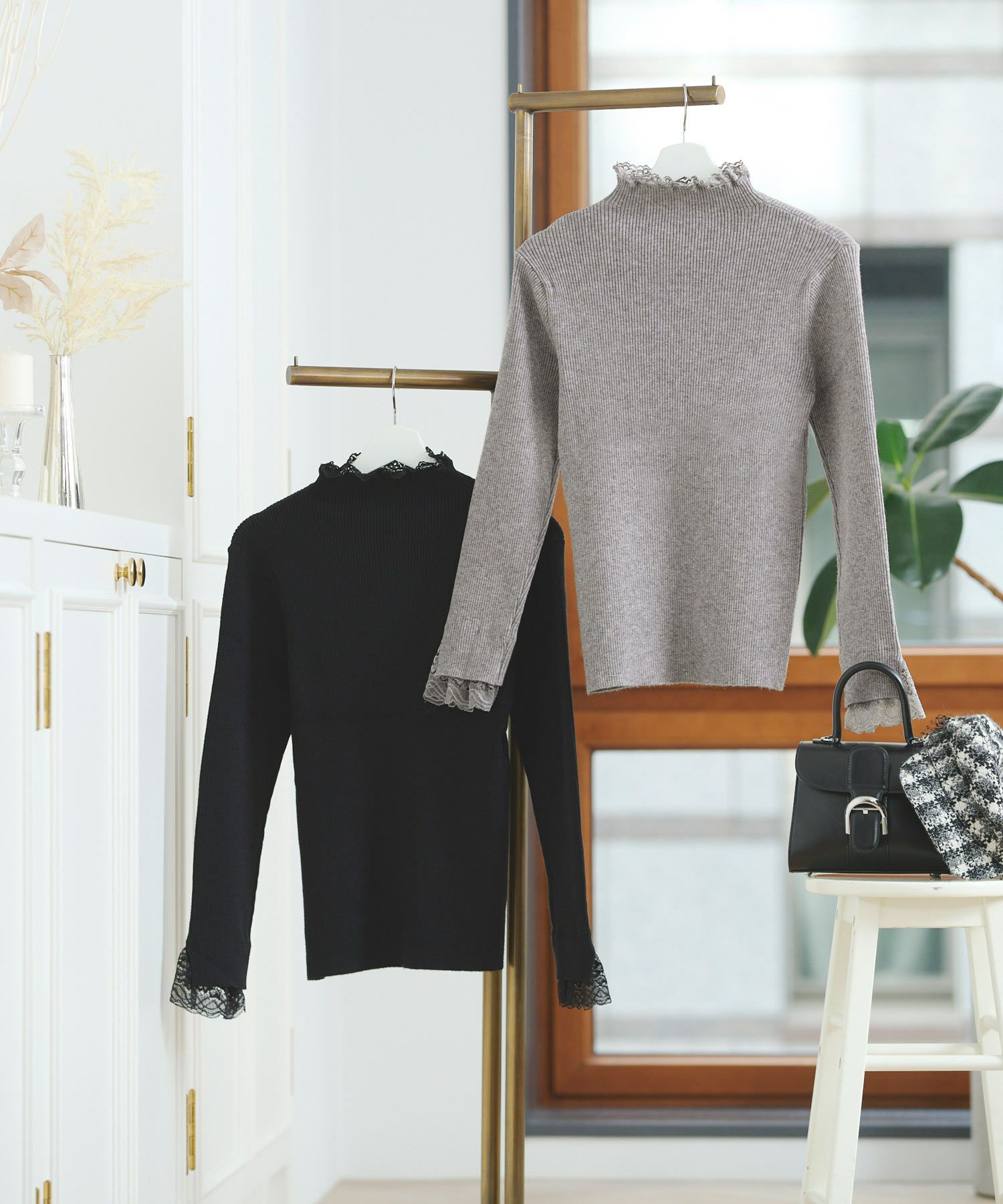 ニット プルオーバー トップス レディース ファッション かわいい きれいめ 大人 オフィス 黒 レース 長袖 秋冬春 ジョイントスペース