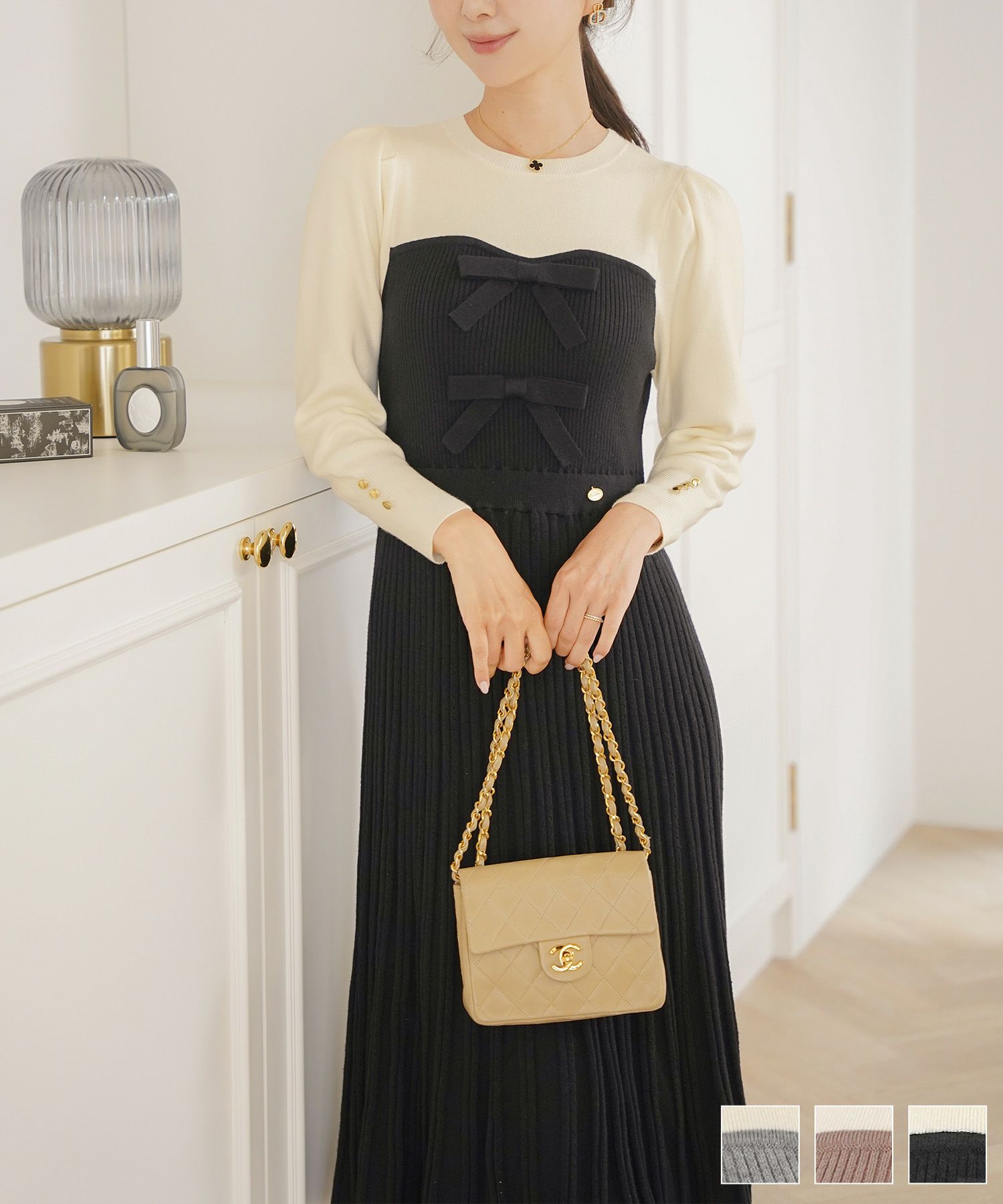 ワンピース ニット ベア切替 長袖 秋 冬 春 リボン ゴールドボタン クルーネック 上品 エレガント フェミニン かわいい バイカラー 配色