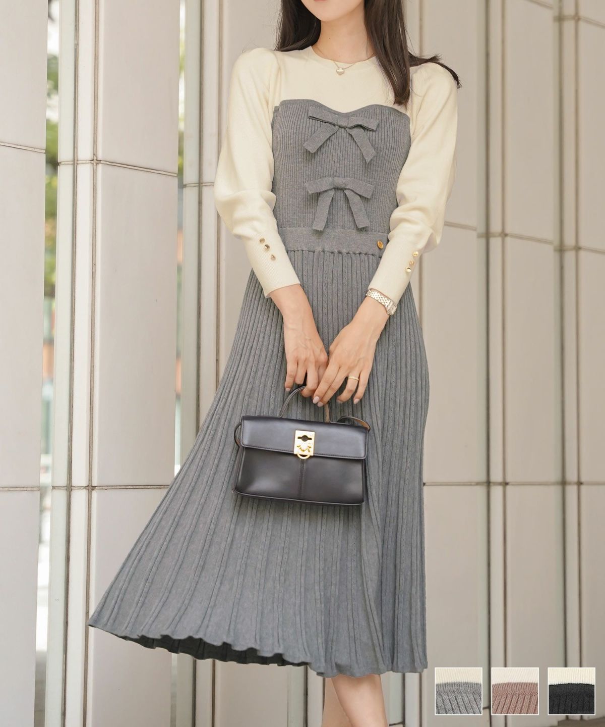 ワンピース ニット ベア切替 長袖 秋 冬 春 リボン ゴールドボタン クルーネック 上品 エレガント フェミニン かわいい バイカラー 配色