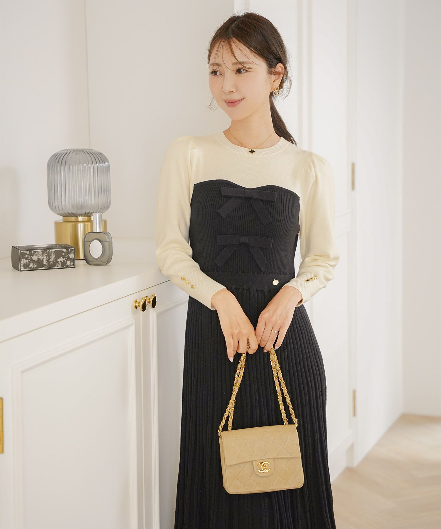 CLEARANCE-SALE フロントリボン ビスチェ ニット ワンピース le reve