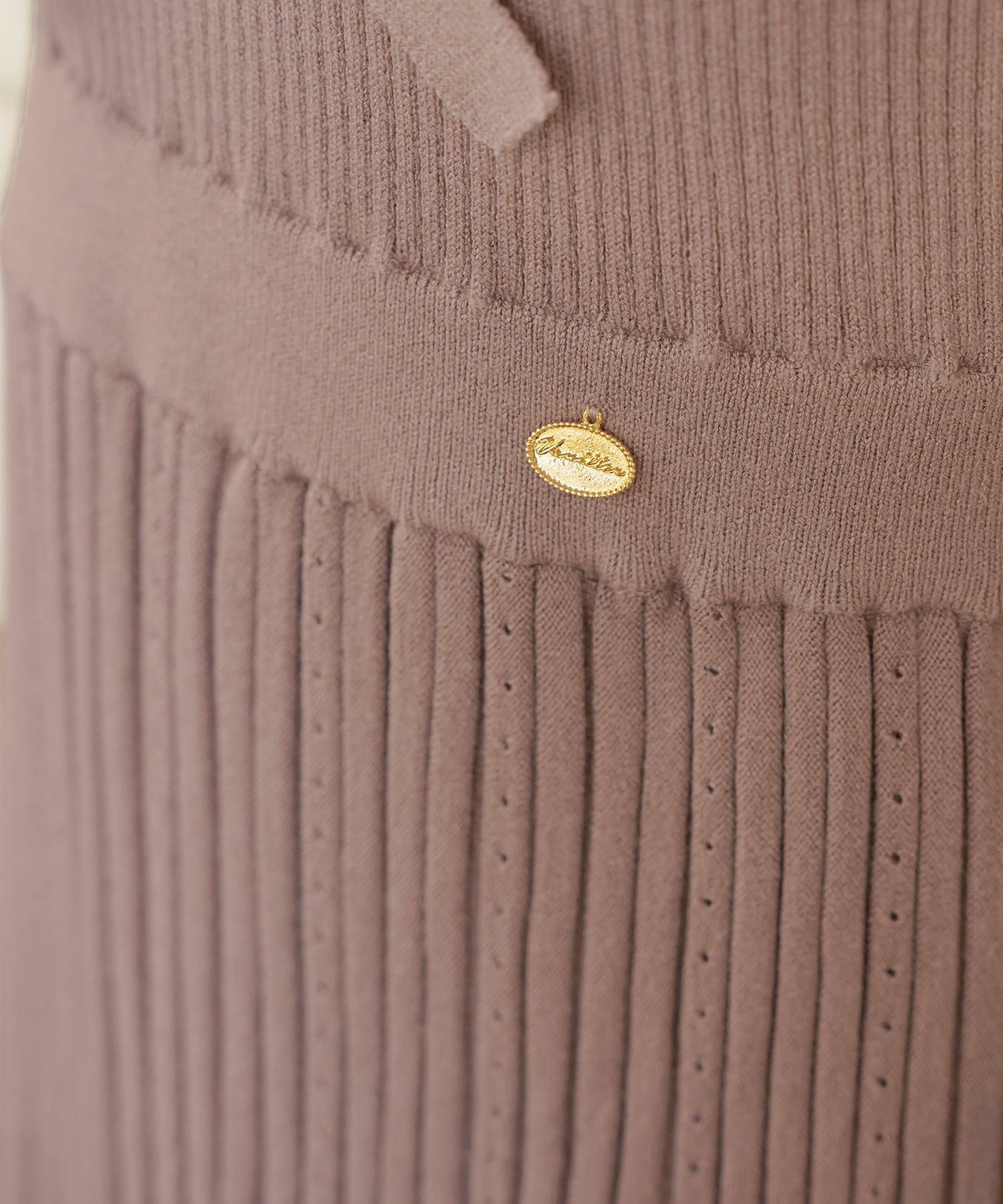 ワンピース ニット ベア切替 長袖 秋 冬 春 リボン ゴールドボタン クルーネック 上品 エレガント フェミニン かわいい バイカラー 配色