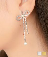 アクセサリー イヤリング リボン スイング ストーン パール 上品 エレガント シルバー ゴールド