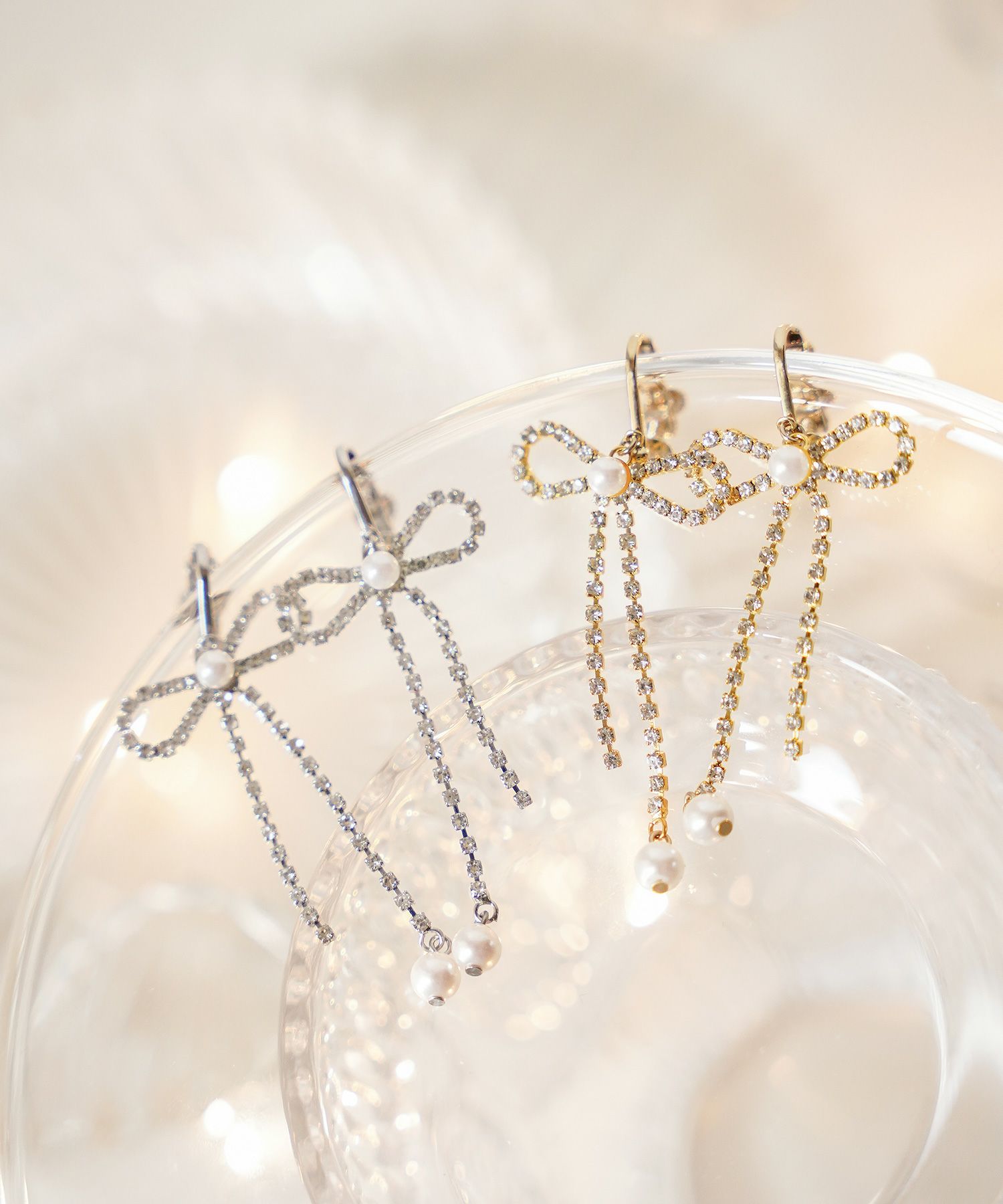 アクセサリー イヤリング リボン スイング ストーン パール 上品 エレガント シルバー ゴールド