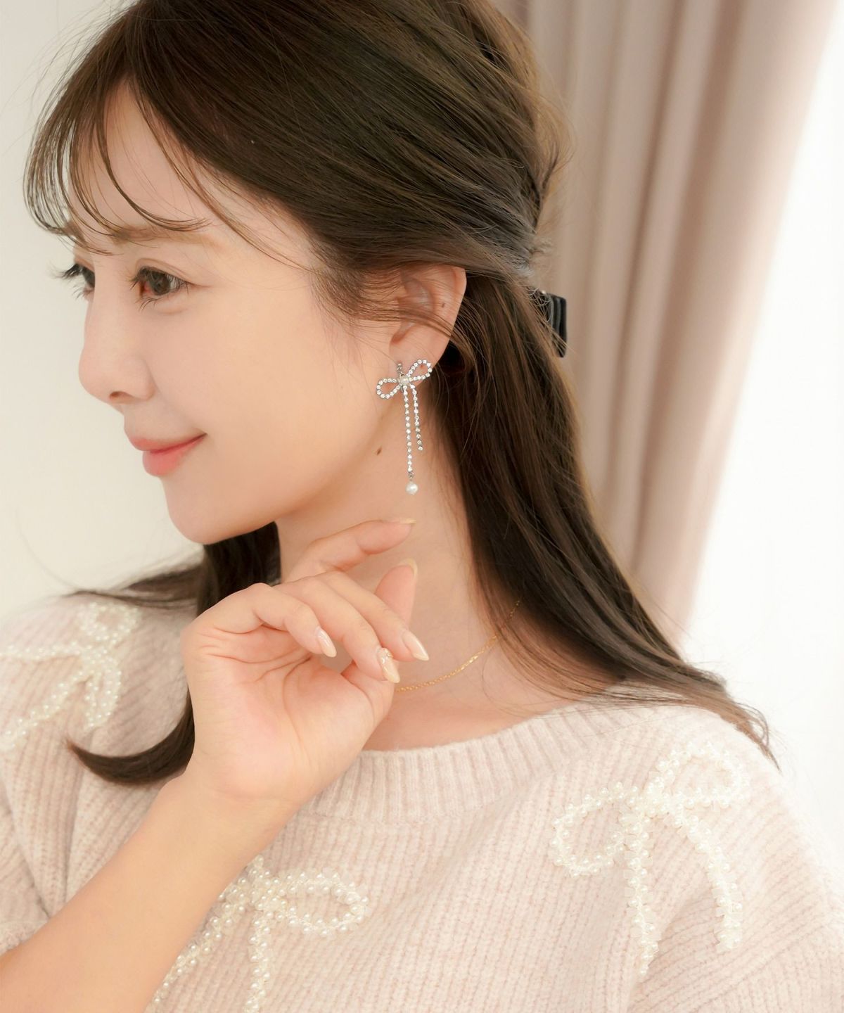 アクセサリー イヤリング リボン スイング ストーン パール 上品 エレガント シルバー ゴールド