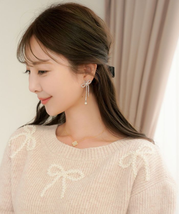 アクセサリー イヤリング リボン スイング ストーン パール 上品 エレガント シルバー ゴールド