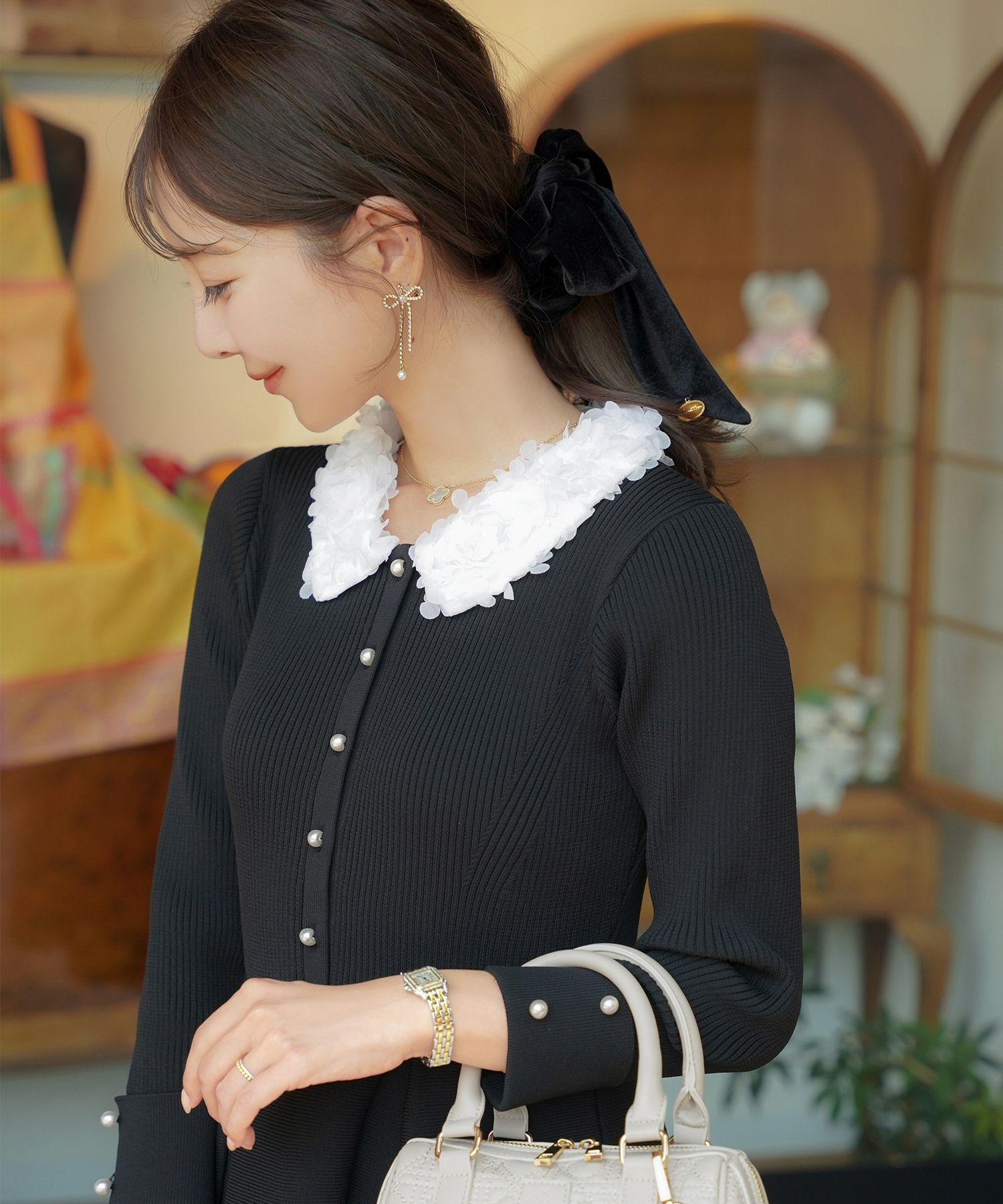 アクセサリー イヤリング リボン スイング ストーン パール 上品 エレガント シルバー ゴールド