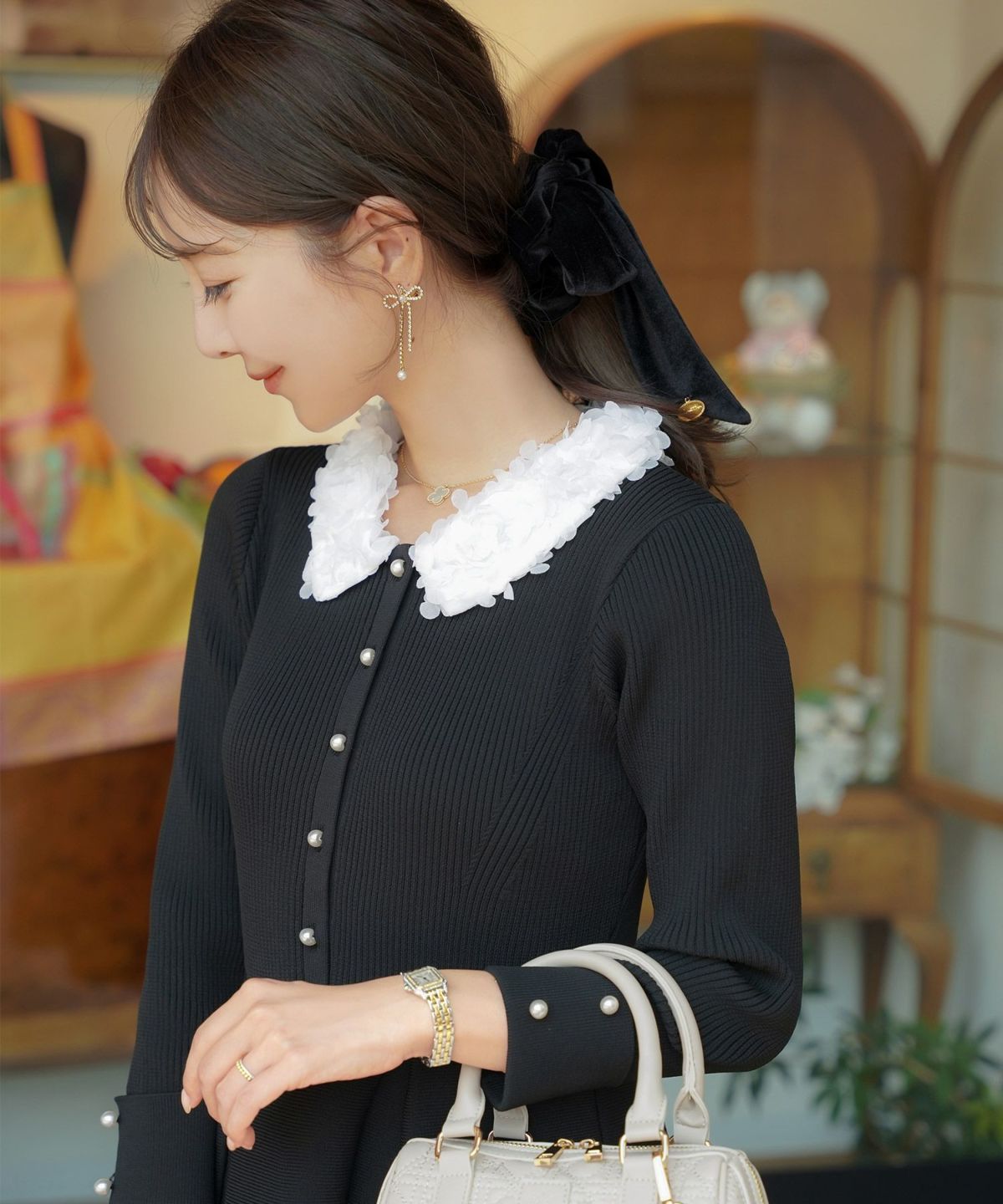 アクセサリー イヤリング リボン スイング ストーン パール 上品 エレガント シルバー ゴールド