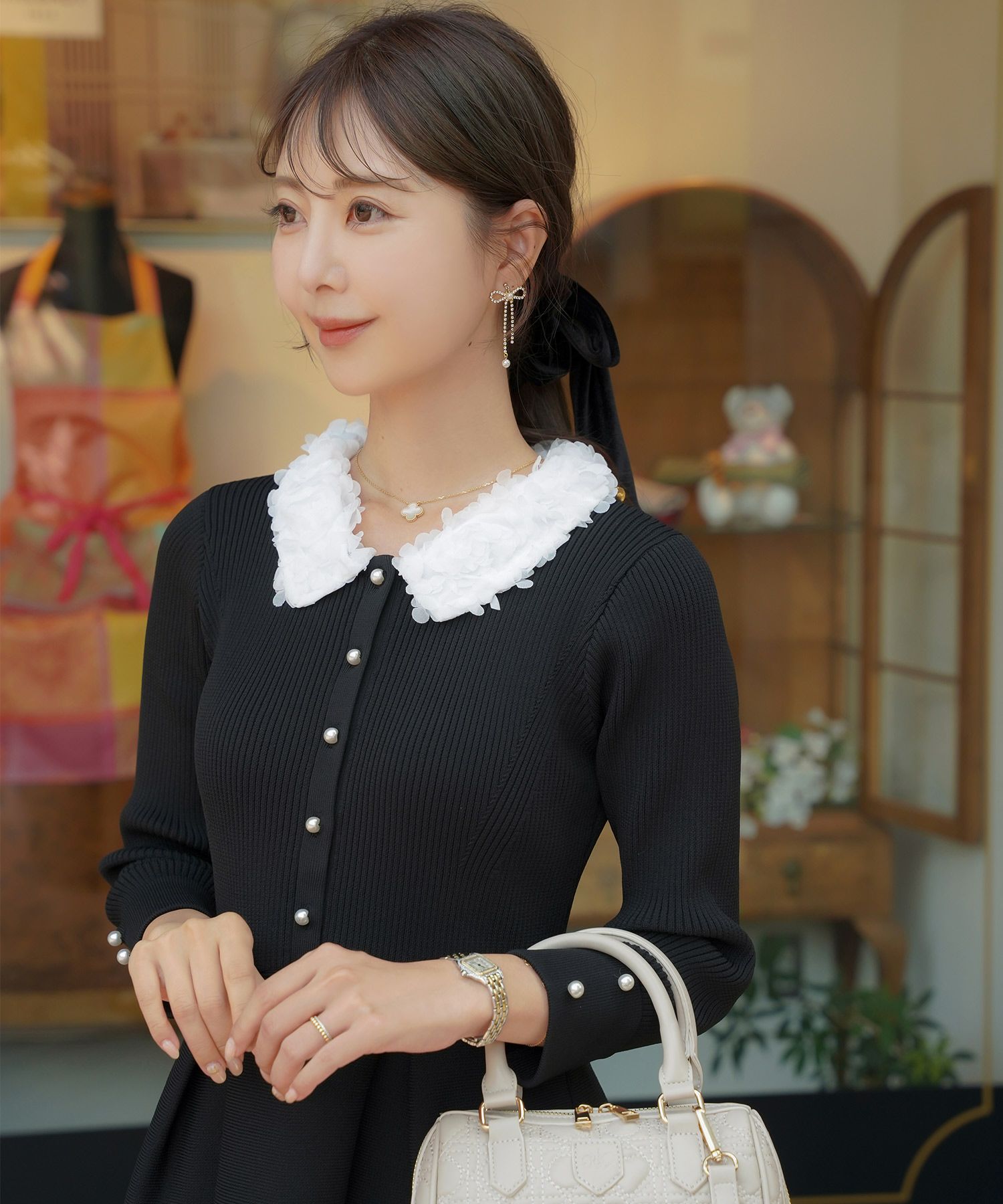 アクセサリー イヤリング リボン スイング ストーン パール 上品 エレガント シルバー ゴールド