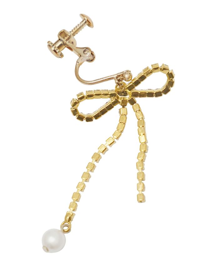 アクセサリー イヤリング リボン スイング ストーン パール 上品 エレガント シルバー ゴールド