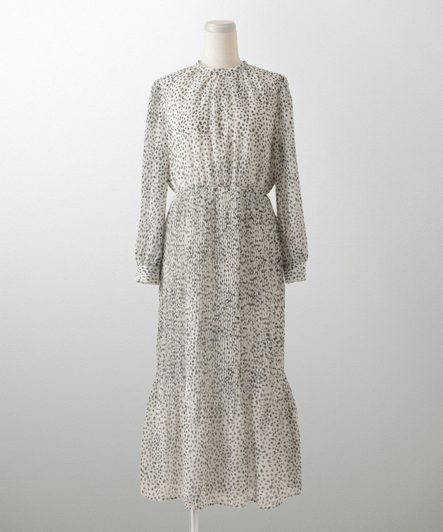 レディース ワンピース レオパード 長袖 スタンドカラー プリーツワンピース プリーツ きれいめ 上品 洗える ホワイト/ライトグレー/ブラック/S/M