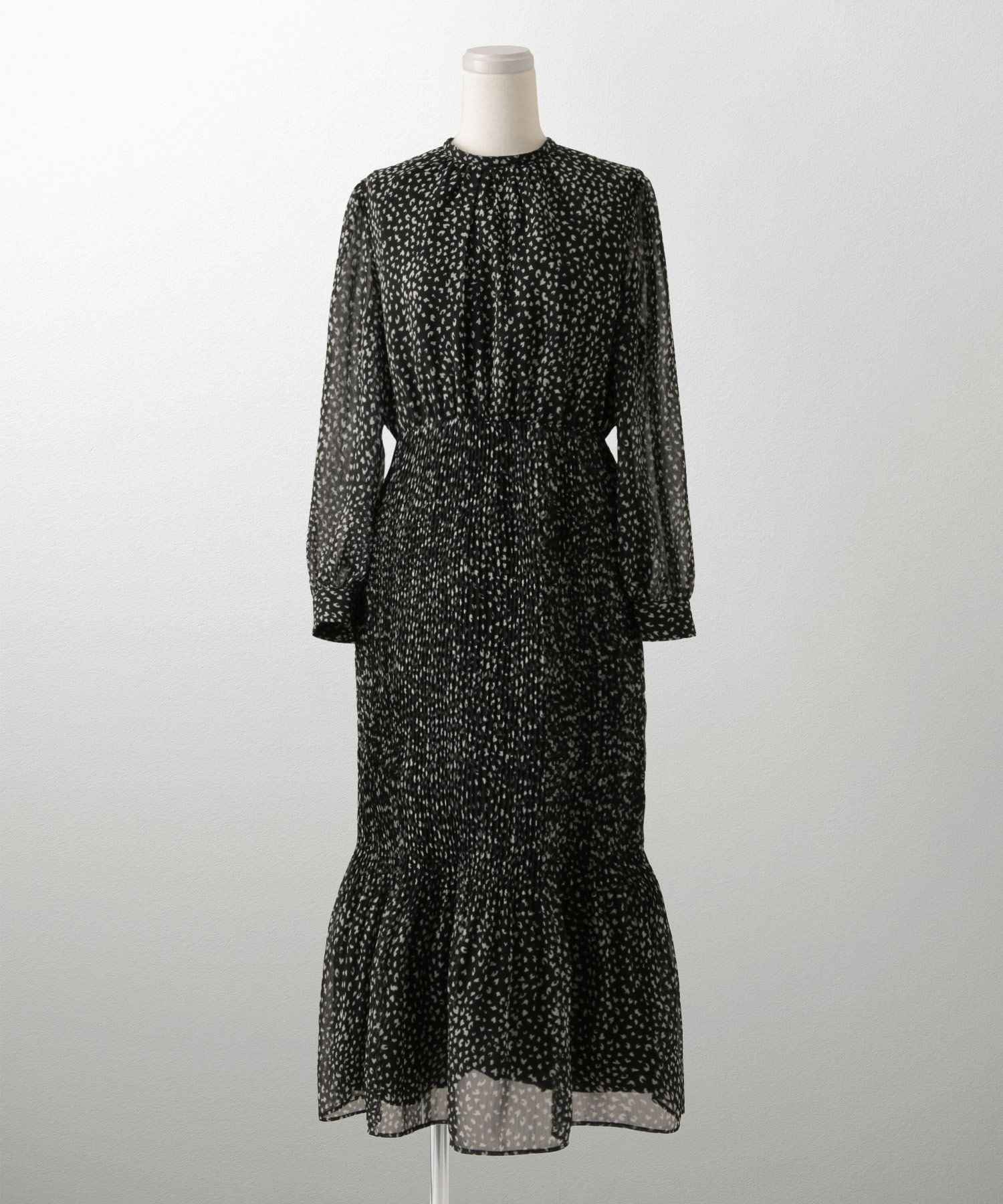 レディース ワンピース レオパード 長袖 スタンドカラー プリーツワンピース プリーツ きれいめ 上品 洗える ホワイト/ライトグレー/ブラック/S/M