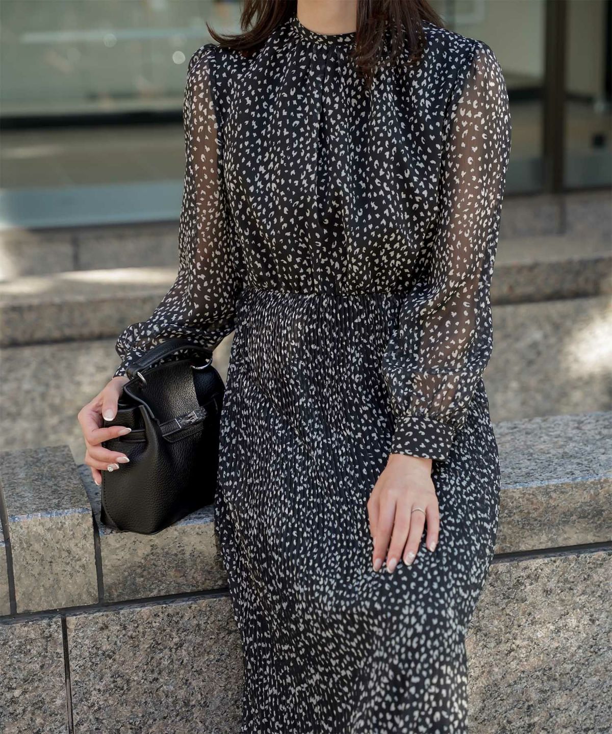 レディース ワンピース レオパード 長袖 スタンドカラー プリーツワンピース プリーツ きれいめ 上品 洗える ホワイト/ライトグレー/ブラック/S/M